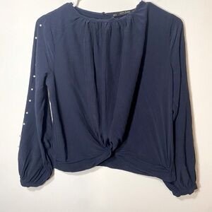 Zara Basics Long Sleeve Blue Blouse With Beads Size Small Dressy Top Office